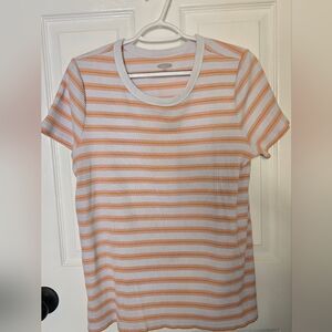 Old Navy White and Peach Striped Ribbed Short Sleeve Tee - Crew Neck